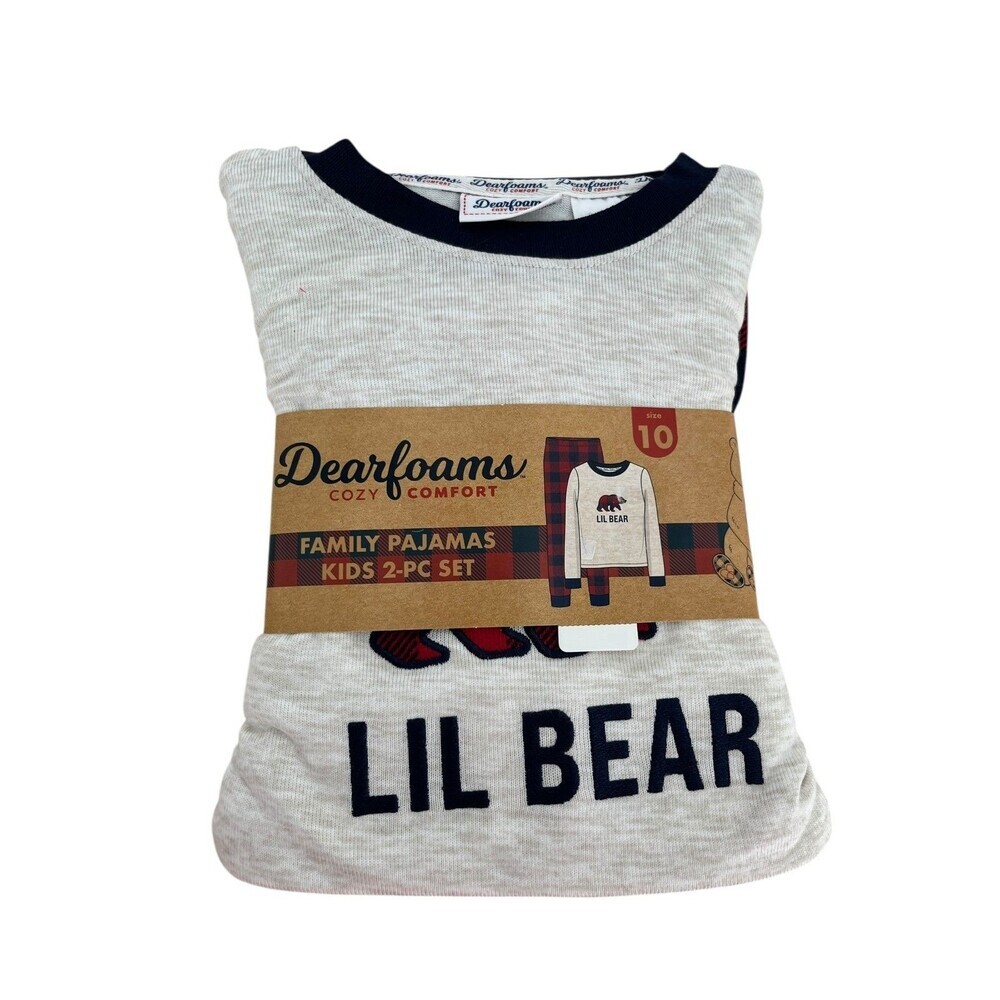 Dear Foams Lil Bear Pajamas Size 10 Kids White Red Plaid 2 Piece Set NEW